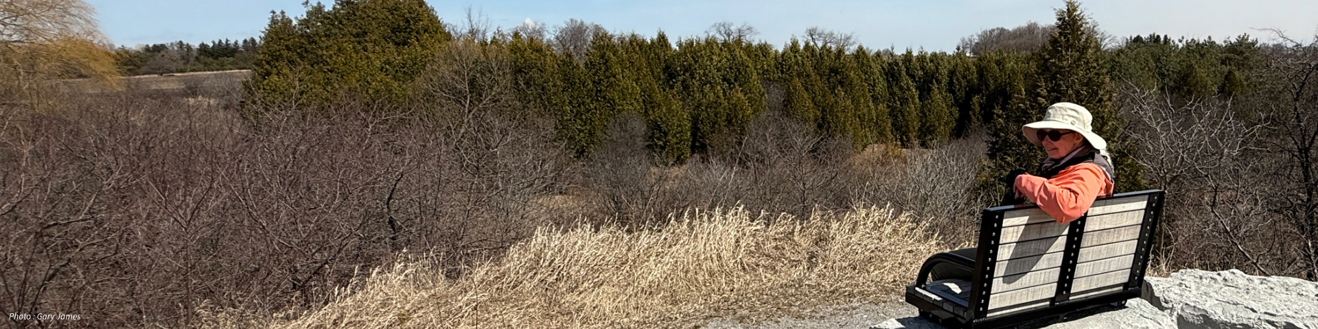 Une personne en veste orange et chapeau est assise sur un banc surplombant des arbres et des arbustes au parc urbain national de la Rouge. Photo : Gary James.