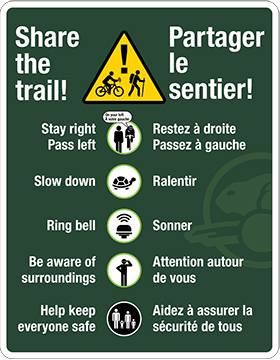 Trail sharing guidelines sign instructing cyclists to stay right, pass left, slow down, ring bell, and be aware of surroundings in English and French.