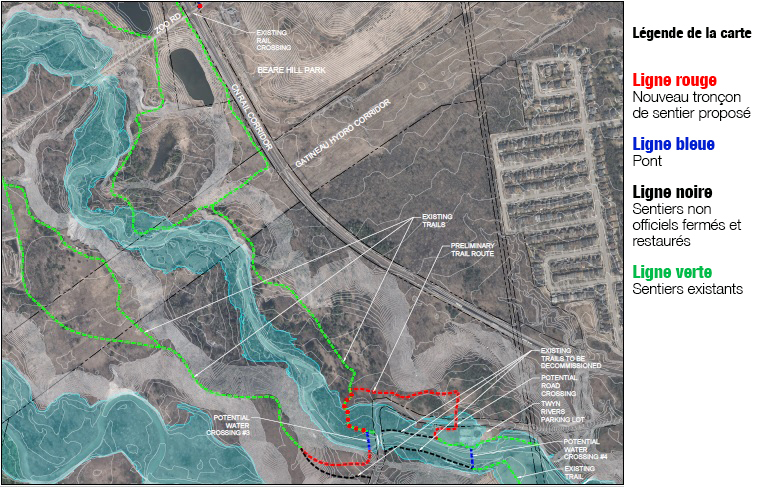 Proposition de carte des sentiers et des liens de raccordement pour l’aire de fréquentation diurne Twyn Rivers