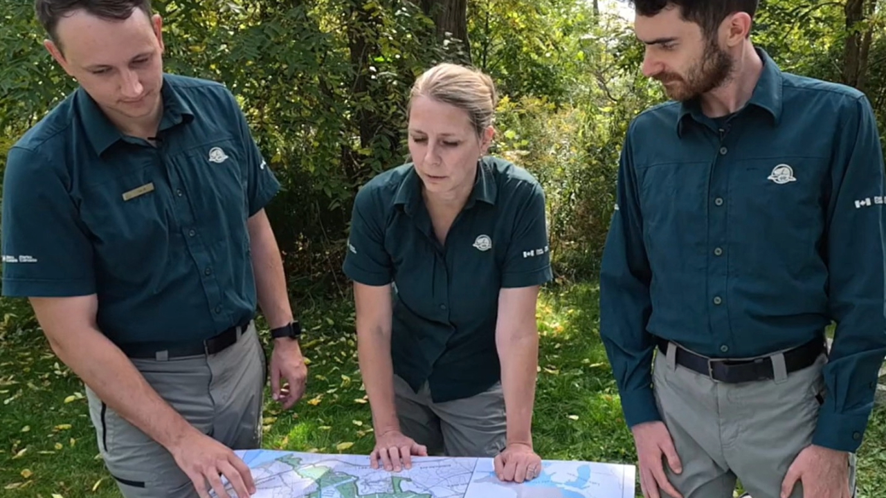 Three Parks Canada staff members in dark green uniforms stand in a wooded area, examining a large map of Rouge National Urban Park spread out on a table. The map shows various zones of the park, surrounded by trees and greenery.