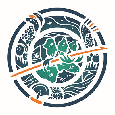 Circular emblem featuring stylized faces, animals, plants, and celestial elements in green, navy, and orange tones.