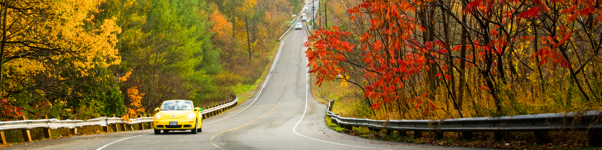 Une voiture jaune roule sur une route sinueuse entourée de feuillage d'automne dans le parc urbain national de la Rouge.
