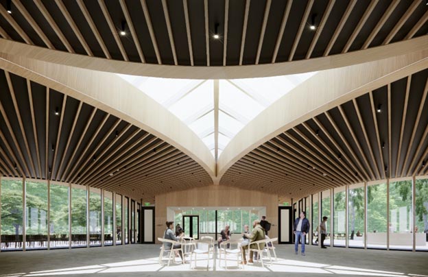 Rendu 3D en couleurs d'un espace intérieur ouvert avec des fenêtres allant du sol au plafond le long des murs extérieurs et offrant une vue imprenable sur la forêt. La salle dispose d'un puits de lumière et d'un espace ouvert multifonctionnel avec des sièges polyvalents.