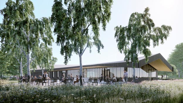 Rendu 3D en couleur de l'extérieur du bâtiment depuis le nord-est. Le bâtiment de plain-pied est doté d'un toit incliné avec de grandes fenêtres jusqu'au plafond sur les murs extérieurs et d'un patio avec une terrasse pour manger en plein air.