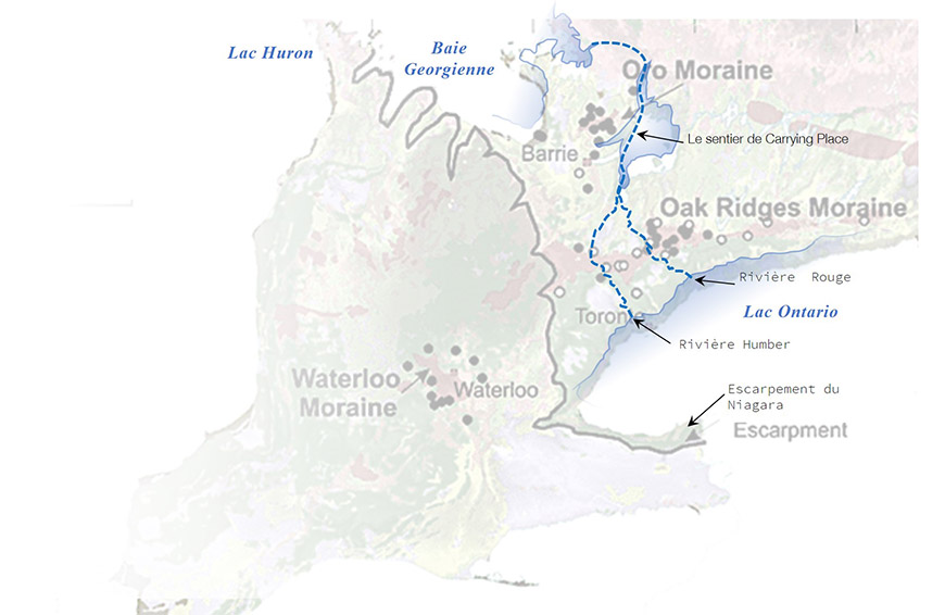 Carte du sud de l’Ontario indiquant le tracé du bras est du sentier de Carrying Place