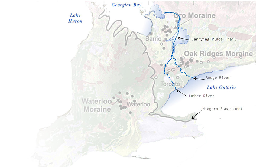 Map of southern Ontario indicating route of eastern arm of the Carrying Place Trail