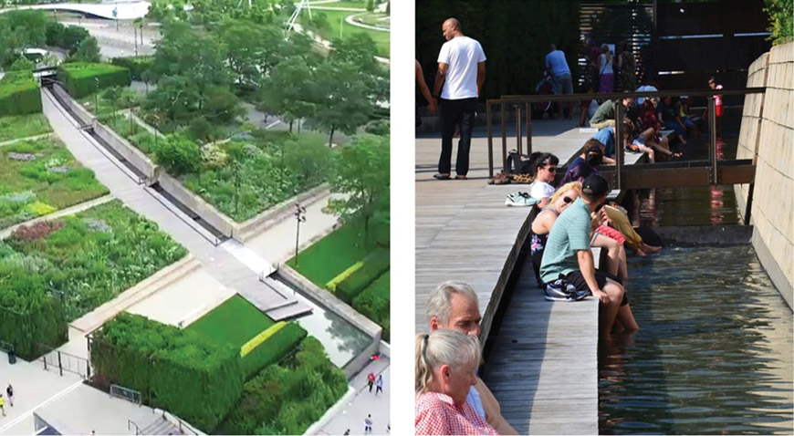 Images d’un chemin piétonnier pavé, d’un aménagement paysager vert et de sièges publics avec une installation d’eau