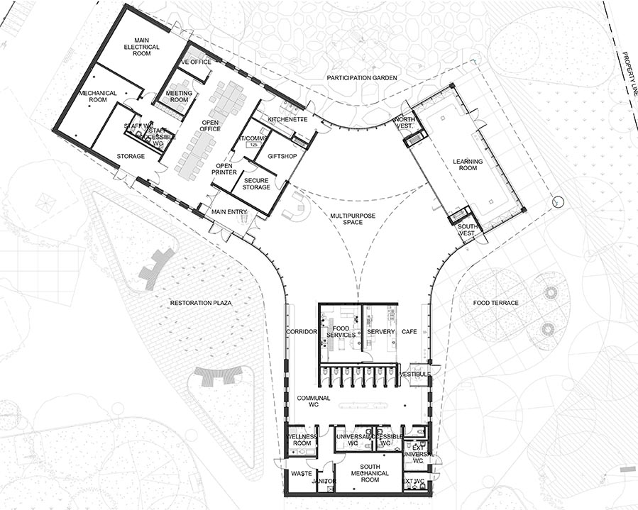 Building consists of three curved wings converging around a central multi-purpose space. The west-wing features back-of-house staff space, the east-wing features an interior learning space that opens out into a large multi-purpose space and the south-wing features inclusive public washrooms and a café. 