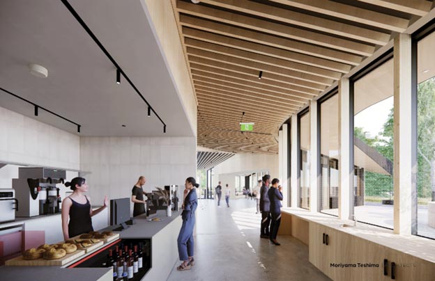 3D rendering of a café-style serving counter. The café faces out towards an exterior wall with ceiling-high windows and a long wall-mounted countertop with stools for seating.