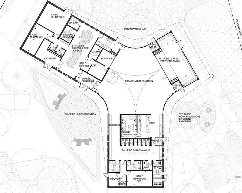 Le bâtiment se compose de trois ailes incurvées qui convergent autour d'un espace multifonctionnel central. L'aile ouest comprend des bureaux pour le personnel et des espaces de rangement, l'aile est comprend un espace d'apprentissage intérieur qui s'ouvre sur le grand espace multifonctionnel central, et l'aile sud comprend des toilettes publiques inclusives et un café.