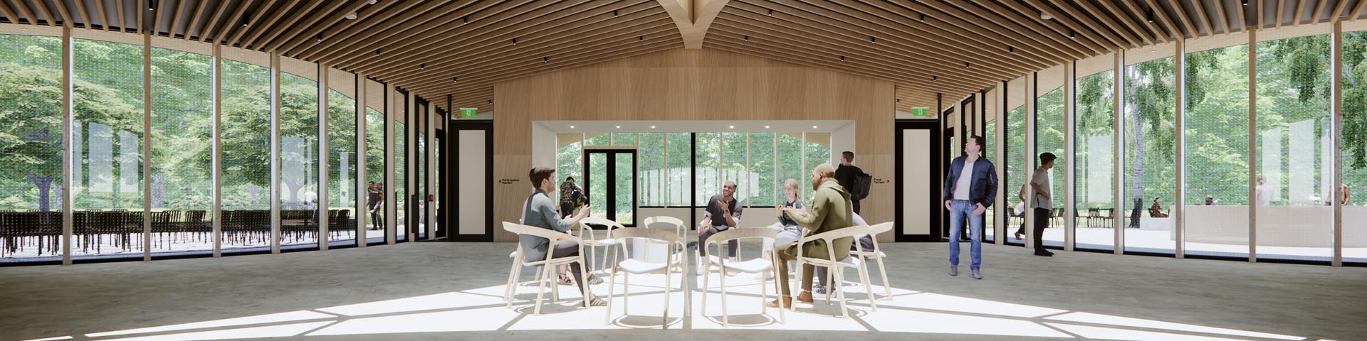 Full-color 3D rendering of an open interior space with floor-to-ceiling windows along the exterior walls offering a stunning view of the forest. The room features a skylight and a multipurpose open space with versatile seating.