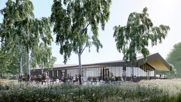 3D coloured rendering of the building exterior from the north-east. The single-storey building features a low, pitched roof with large, ceiling-high windows for the exterior walls and a patio with outdoor dining area. 