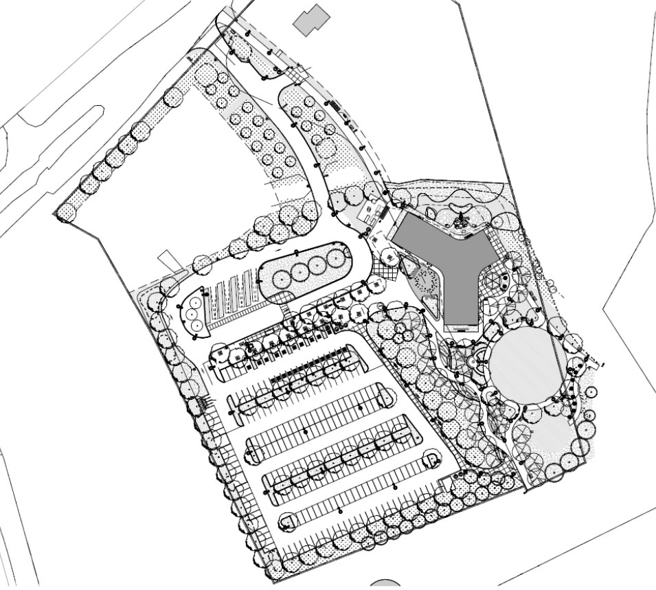 Coloured aerial line-drawing illustrating the layout of the site. A new driveway entrance, lined with apple trees, turns south off Zoo Rd and leads to a large drop-off loop with space for buses. The main parking lot is located to south-west of the site and feature numerous tree plantings. Immediately east of the parking are two planted earthen mounds that screen views of the parking lot from the south-east events field. The building itself is located in front of the drop-off loop and is nestled alongside the forest edge. 