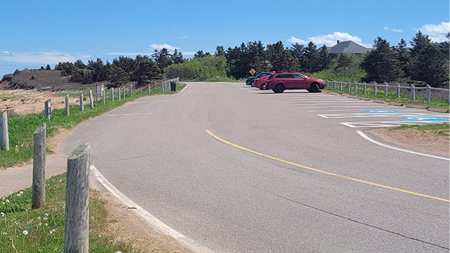 Parking côtier désert, avec quelques voitures garées, près d'une plage de sable et de pins, sous un ciel bleu limpide.