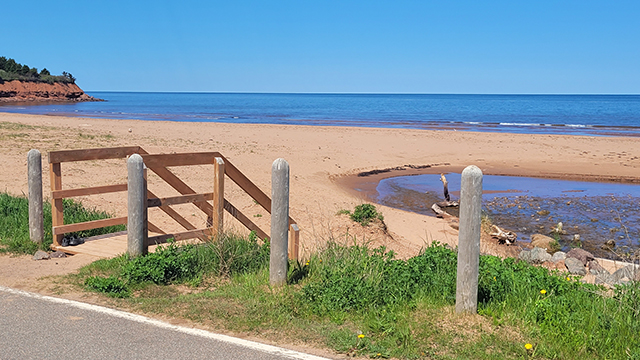 Des poteaux de clôture en bois et un portillon au bord d'une plage de sable, avec un océan bleu et calme sous un ciel dégagé.