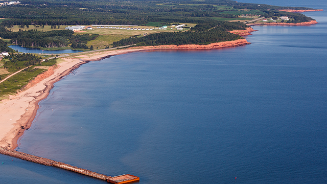 Vue aérienne d'un littoral sablonneux, avec à gauche des champs verdoyants et des arbres, et à droite une mer d'un bleu profond.