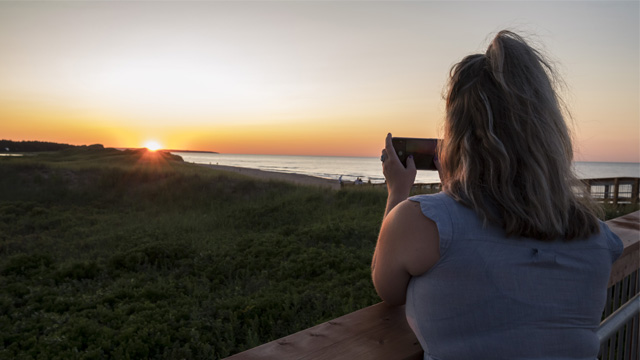 A visitor stands on a boardwalk overlooking the dunes at Sunset and taking a photo with a phone. 