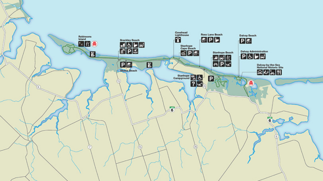 A small map showing Brackley to Dalvay with points of interest marked off with black icons, used as a thumbnail to direct to a larger downloadable version of the map.