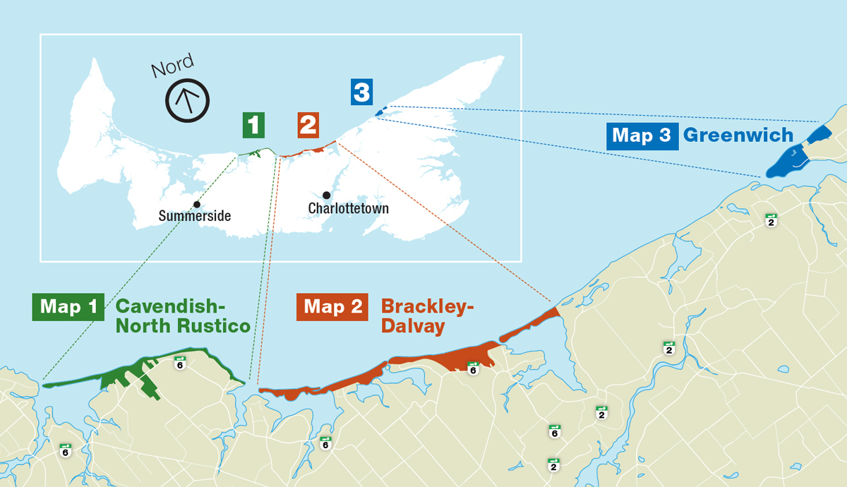 Une carte topographique de la côte nord de l'Île-du-Prince-Édouard avec les zones vertes délimitées pour la région de Cavendish-North Rustico, les zones rouges délimitées pour la région de Brackley à Davlay et les zones bleues pour la région de Greenwich. Les zones sont numérotées 1, 2 et 3 afin de montrer un aperçu plus petit de l'Île-du-Prince-Édouard et l'emplacement de chaque zone par rapport au reste de la province. 