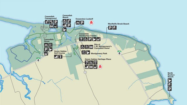 A small map of Cavendish to North Rustico with points of interest marked off with black icons, used as a thumbnail to direct to a larger downloadable version of the map.