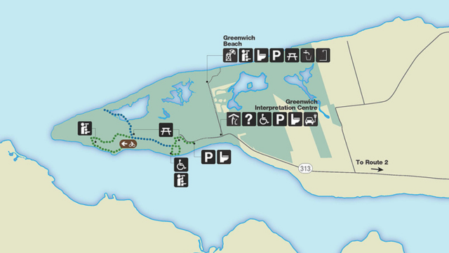 A small map of Greenwich with points of interest marked off with black icons, used as a thumbnail to direct to a larger downloadable version of the map.