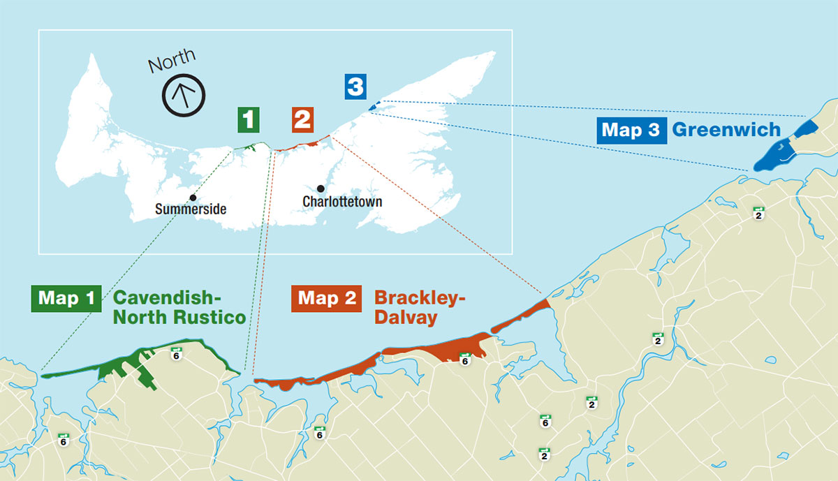 A topigraphical map of the north shore of PEI with green areas marked off for Cavendish-North Rustico area, red areas marked off for Brackley to Davlay area, and Blue for the Greenwich area. Areas are labeled 1, 2, and 3 to show a smaller outline of Prince Edward Island and where each area is in relation to the rest of the province. 