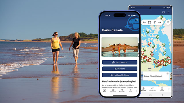 An image of a phone screen containing the Parks Canada app is overlayed on top of an image of two adults walking along a sandy shore on a sunny day.