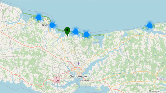 A topographical map with several blue dots. 