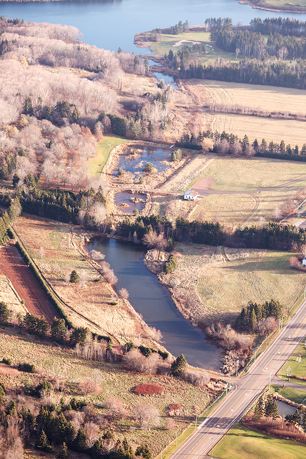Aerial photo of Cavendish Grove and Balsam Hollow Brook leading in to the Lake of Shining Waters 
