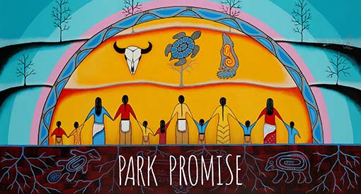 Park Promise artwork by Loretta Gould, depicting images of animals, trees, nature, and people holding hands.