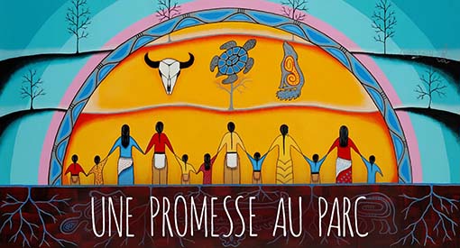 L'œuvre Park Promise de Loretta Gould, représentant des images d'animaux, d'arbres, de nature et de personnes se tenant la main. 