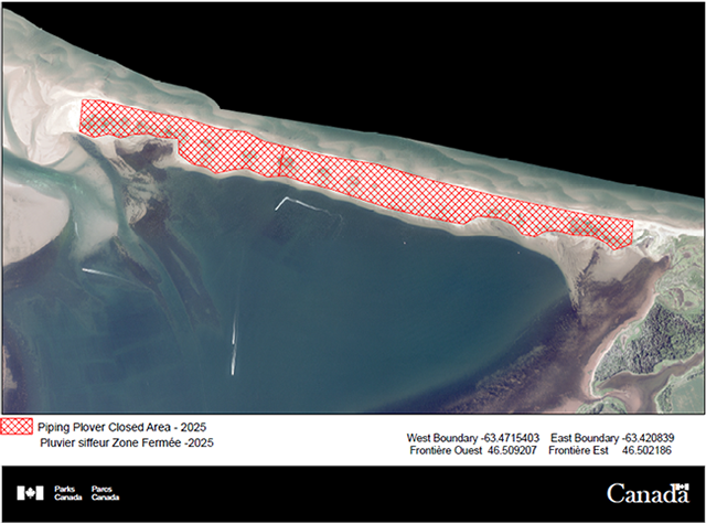 The sandspit from New London Bay to the Gulf of St. Lawrence between the following coordinates: west boundary longitude -63.4715403 W and latitude 46.509207 N; and east boundary longitude -63.420839 W and latitude 46.502186 N. 