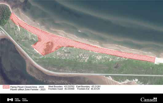 Aerial map of the following coordinates: The dune and beach to mean low tide east of Rustico Causeway Beach from the western coordinates of 46.435900, -63.233782 to the eastern coordinates of 46.43129, -63.21281.