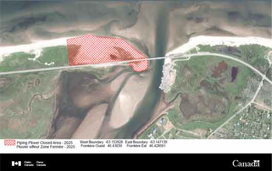 Aerial map of Covehead West with coordinates of the dune, pond and beach to mean high tide immediately west of Covehead Bridge from the northern coordinates of 46.430831, -63.15391 and 46.43021, -63.148352 and the southern coordinates of 46.429046, -63.153884 and 46.428548, - 63.147077. This closure extends to mean low tide along the north shore and mean high tide along the south shore.