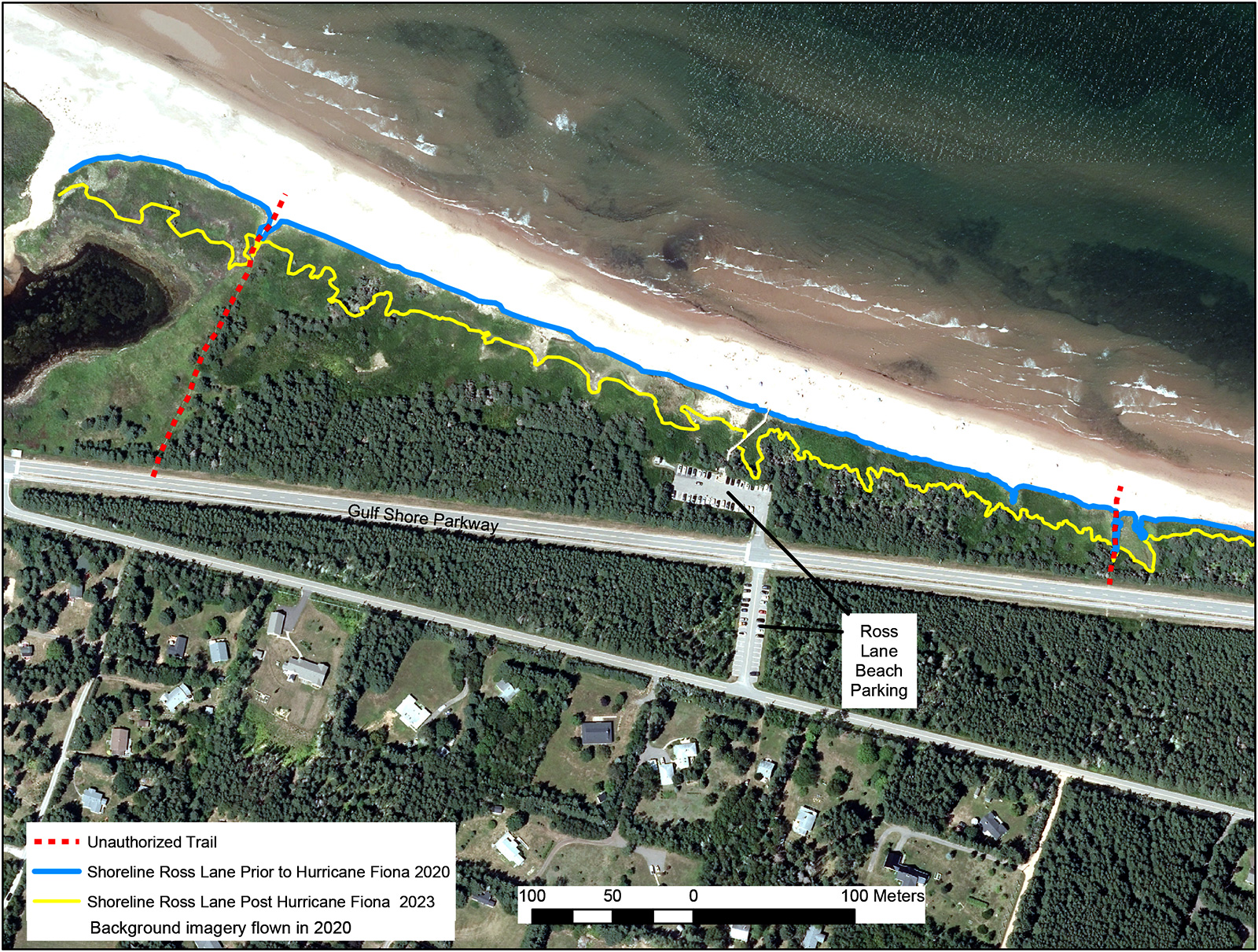 A thumbnail aerial image of Ross lane depicting shoreline and tree line. Text description follows.