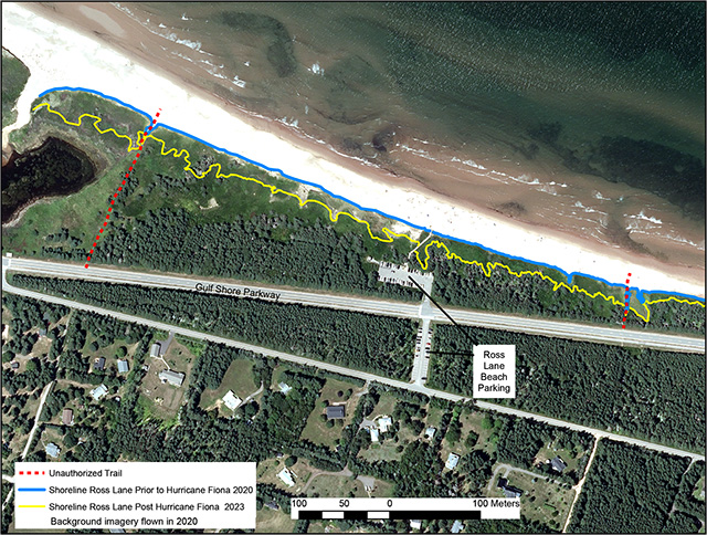 Aerial view of Ross Lane. A legend in the bottom left corner has different coloured lines to depict the levels of erosion along the shoreline over time.