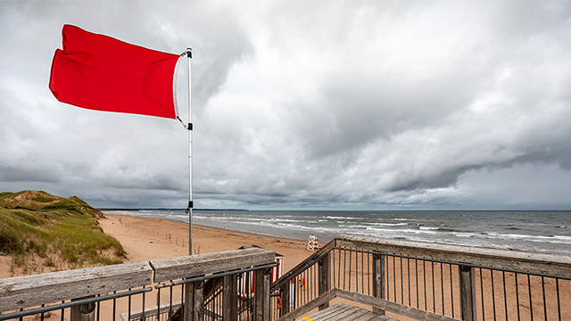 A red flag blows in the breeze at the beach