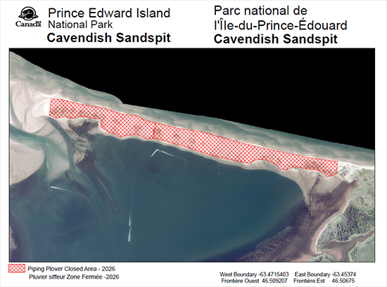 Topical map of Piping Plover Closed Area - 2026 West Boundary -63.4715403 East Boundary -63.45374