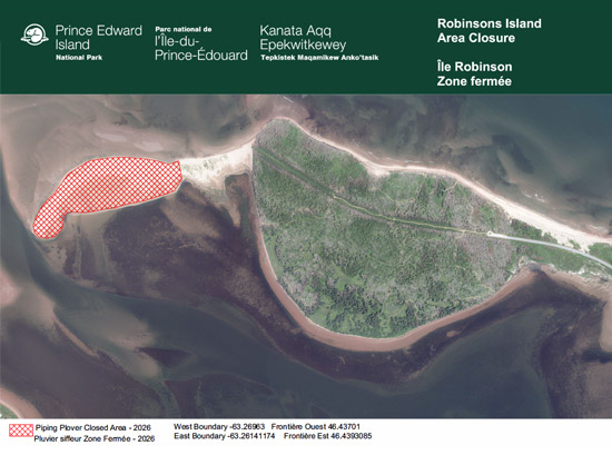 Carte topographique illustrant la zone fermée du Pluvier siffleur à l’île Robinsons, à l’Île-du-Prince-Édouard.