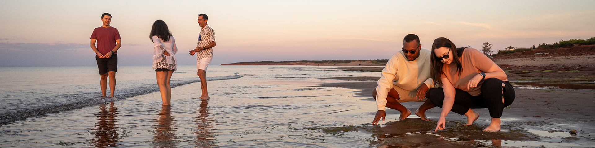 A group of young adults explore the beach at sunset