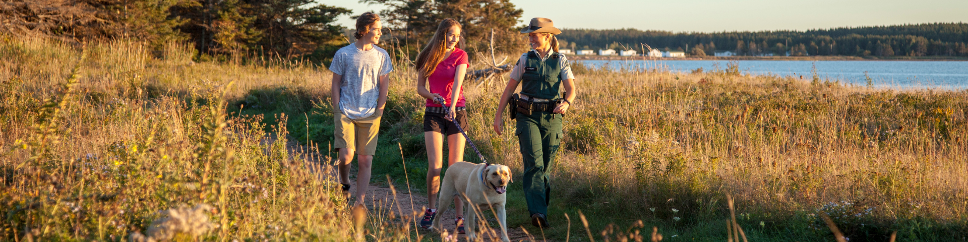 Des visiteurs rencontrent une garde de parc pendant qu'ils promènaient leur chien sur un sentier de l'île Robinsons au coucher du soleil. Parc national de l’Île-du-Prince-Édouard 