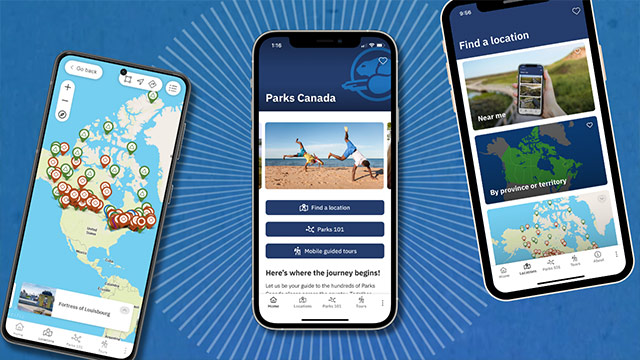 Three cell phones with images of the Parks Canada app. 
