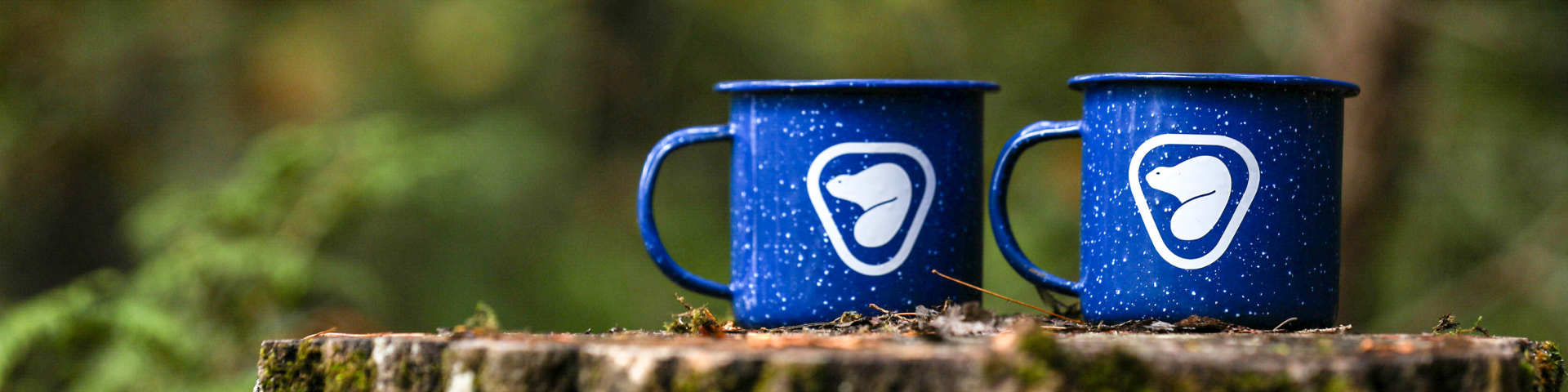 Two official merchandise camper mugs sit on a tree stump. 