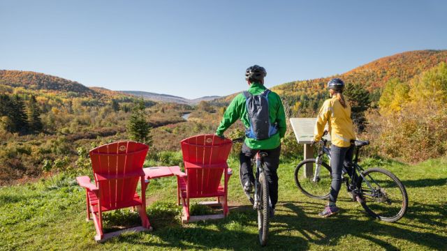 Des visiteurs roulent à vélo sur le sentier Du Banc avec leur remorque-poussette.