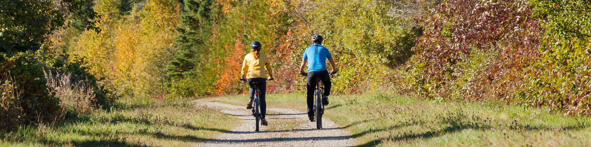 Deux cyclistes profitent de l'automne sur le sentier Le Portage.