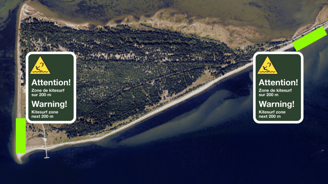 Satellite image of Penouille showing in green two kitesurfing areas with signs superimposed. 