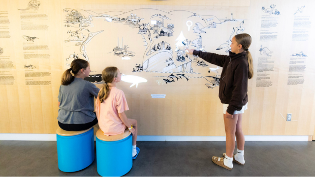 Des jeunes filles s'amusent avec un mur interactif au centre d'accueil et de découverte de Forillon.