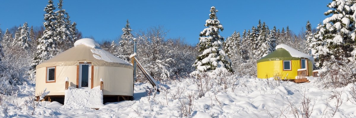 Aerial view of two yurts in the forest in summer.