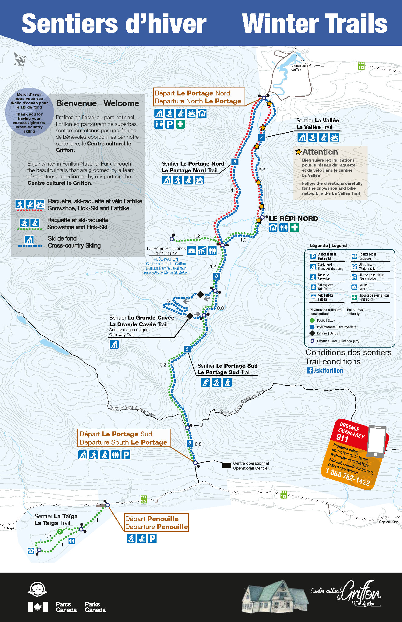 Map of maintained trails in winter at Forillon.