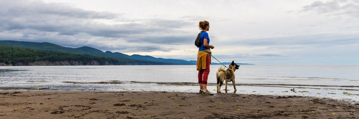 Une visiteuse et son chien admirent la baie de Gaspé de la plage de Penouille. 